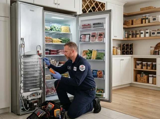 A technician diagnosing an upright freezer that has stopped holding temperature