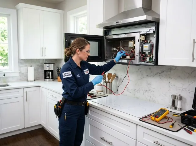 Appliance Repair Hero technician testing an over-the-range microwave in a Alexander, IA kitchen